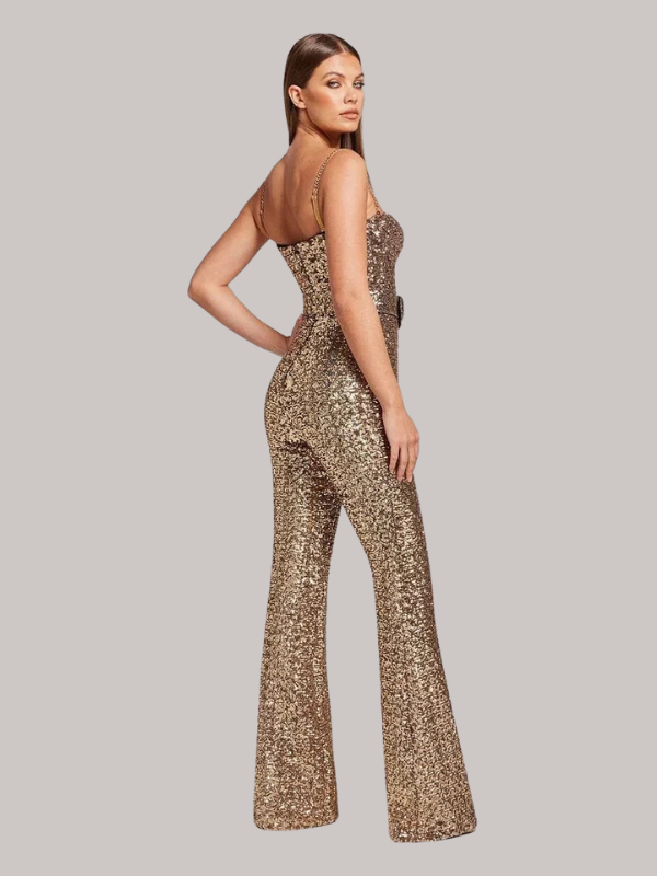 Camila | Women’s Strapless Glitter Jumpsuit with Waist Belt