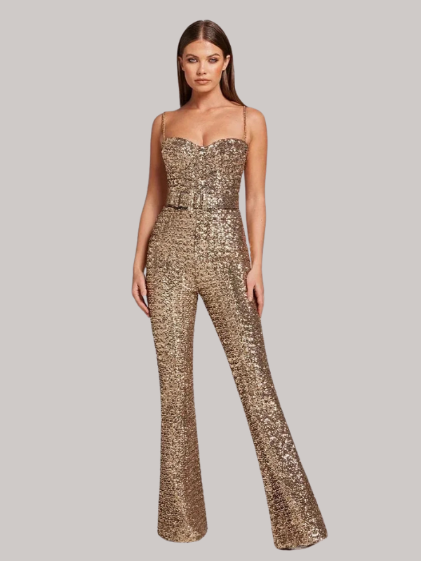 Camila | Women’s Strapless Glitter Jumpsuit with Waist Belt