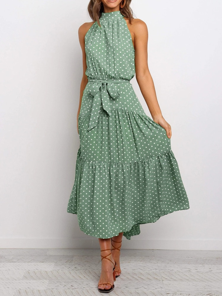 Margarette | Women’s Halter Midi Dress with Polka Dot Print and Waist Tie
