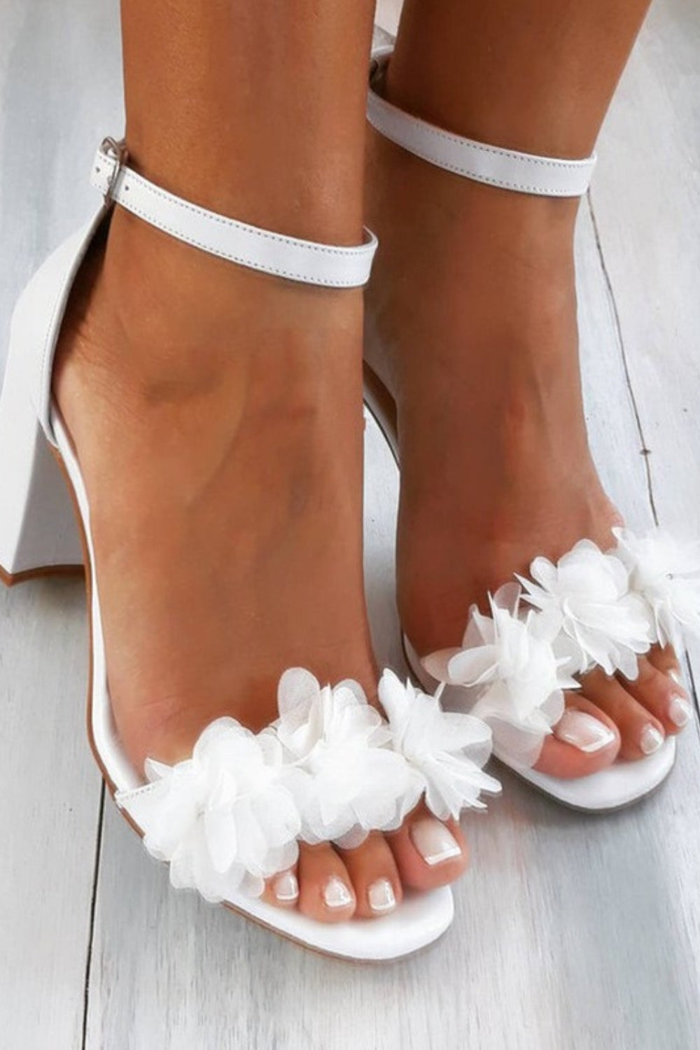 Odelia | Floral Strap Heels White Satin and Mesh Wedding Heels