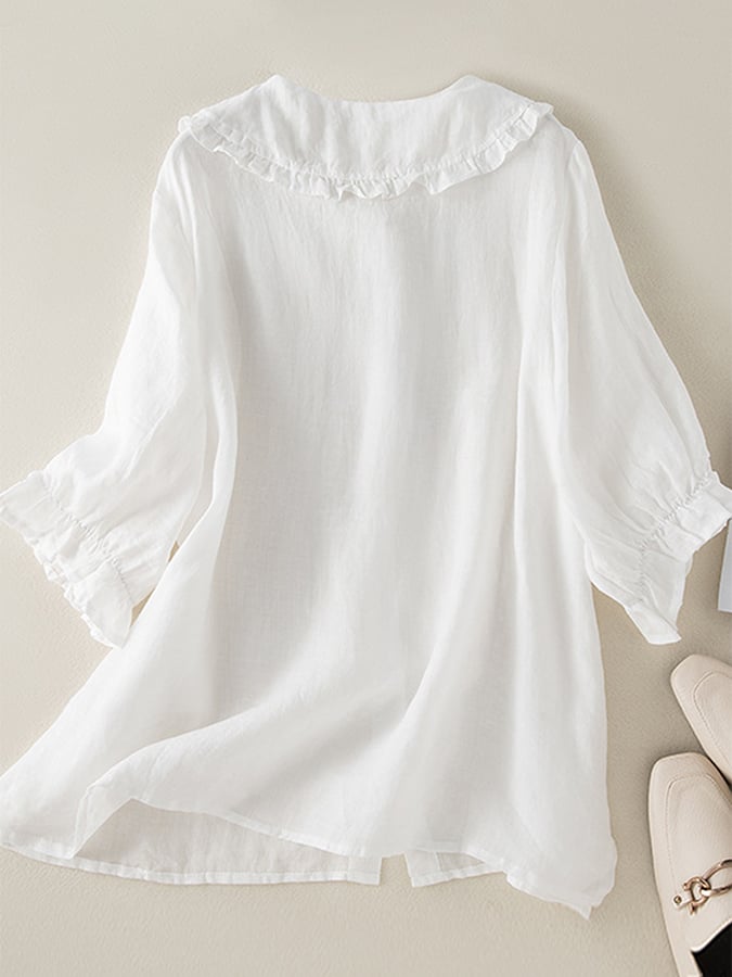 Margot | Women’s Cotton Linen Shirt with Peter Pan Ruffle Neck and Loose Fit