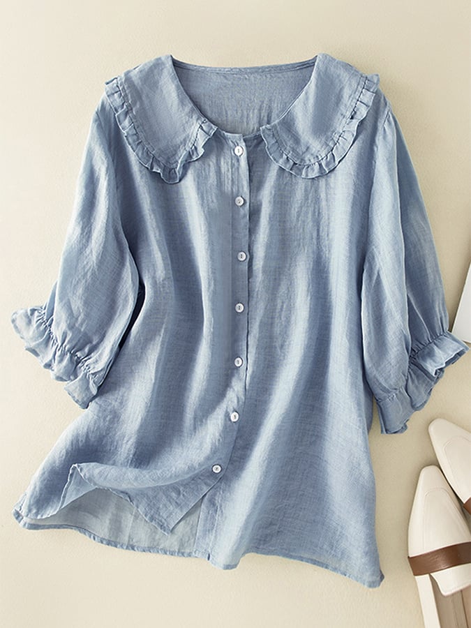 Margot | Women’s Cotton Linen Shirt with Peter Pan Ruffle Neck and Loose Fit