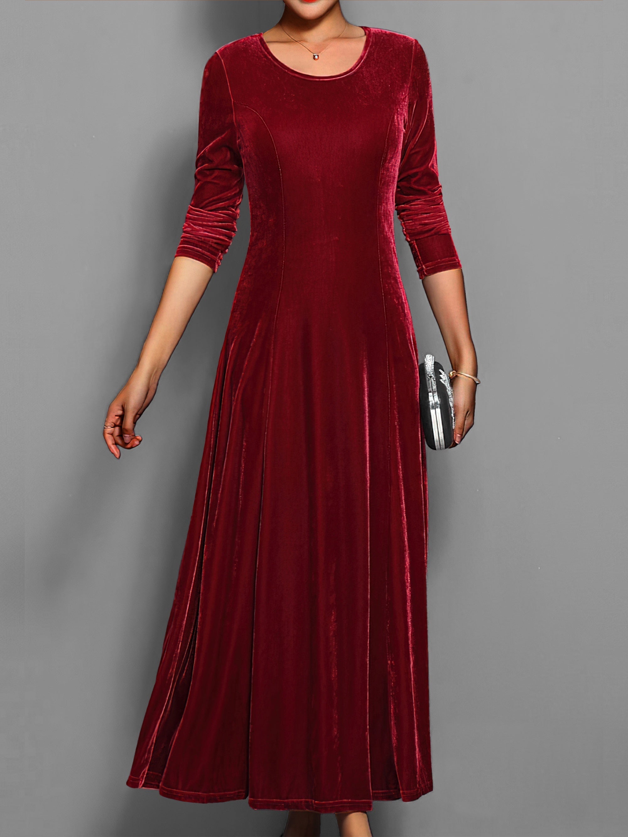 Sienna | Women’s Solid Midi Dress with Long Sleeves & Crew Neck