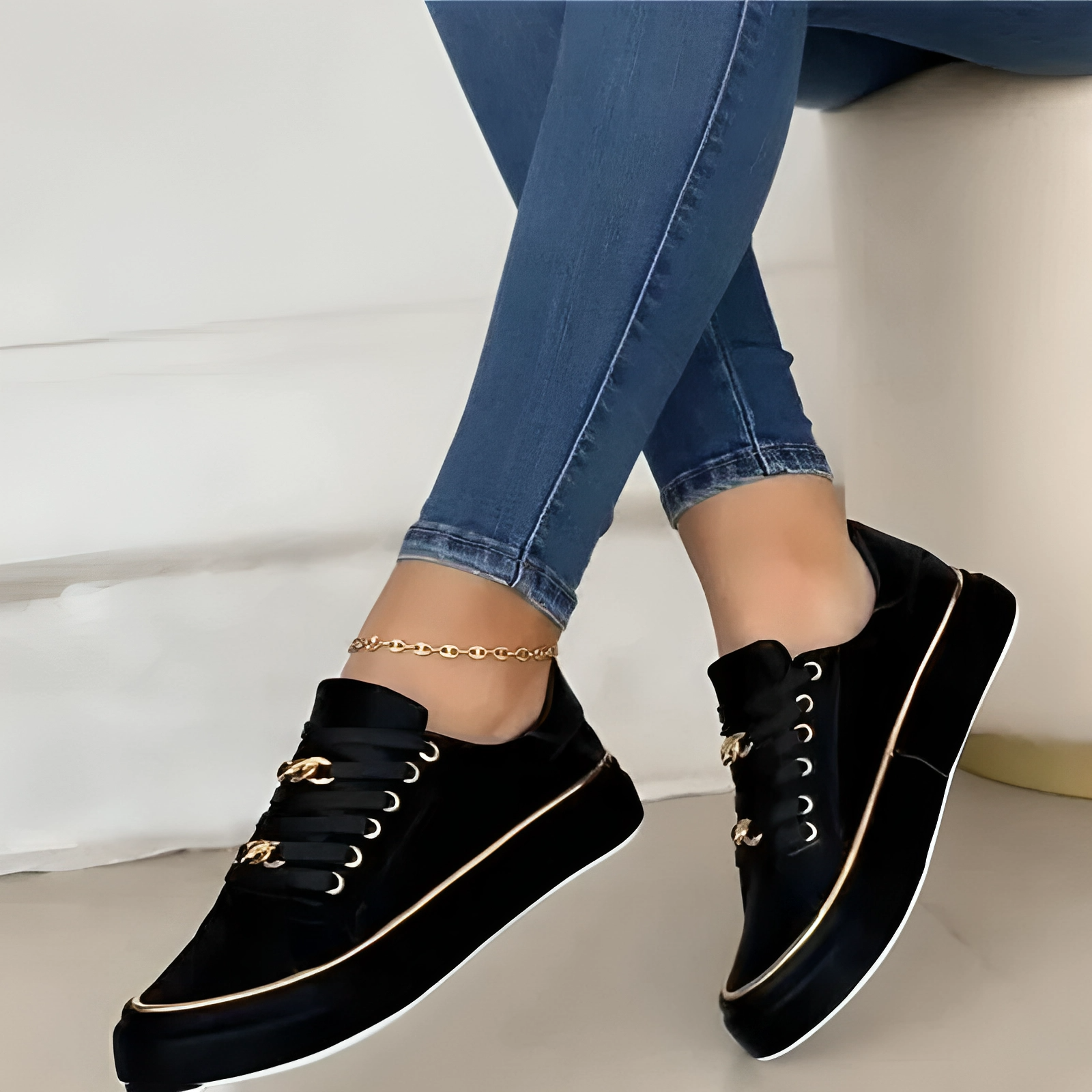 Delilah | Women’s Trendy Black Sneakers with Gold Chain Accents and All-Day Comfort