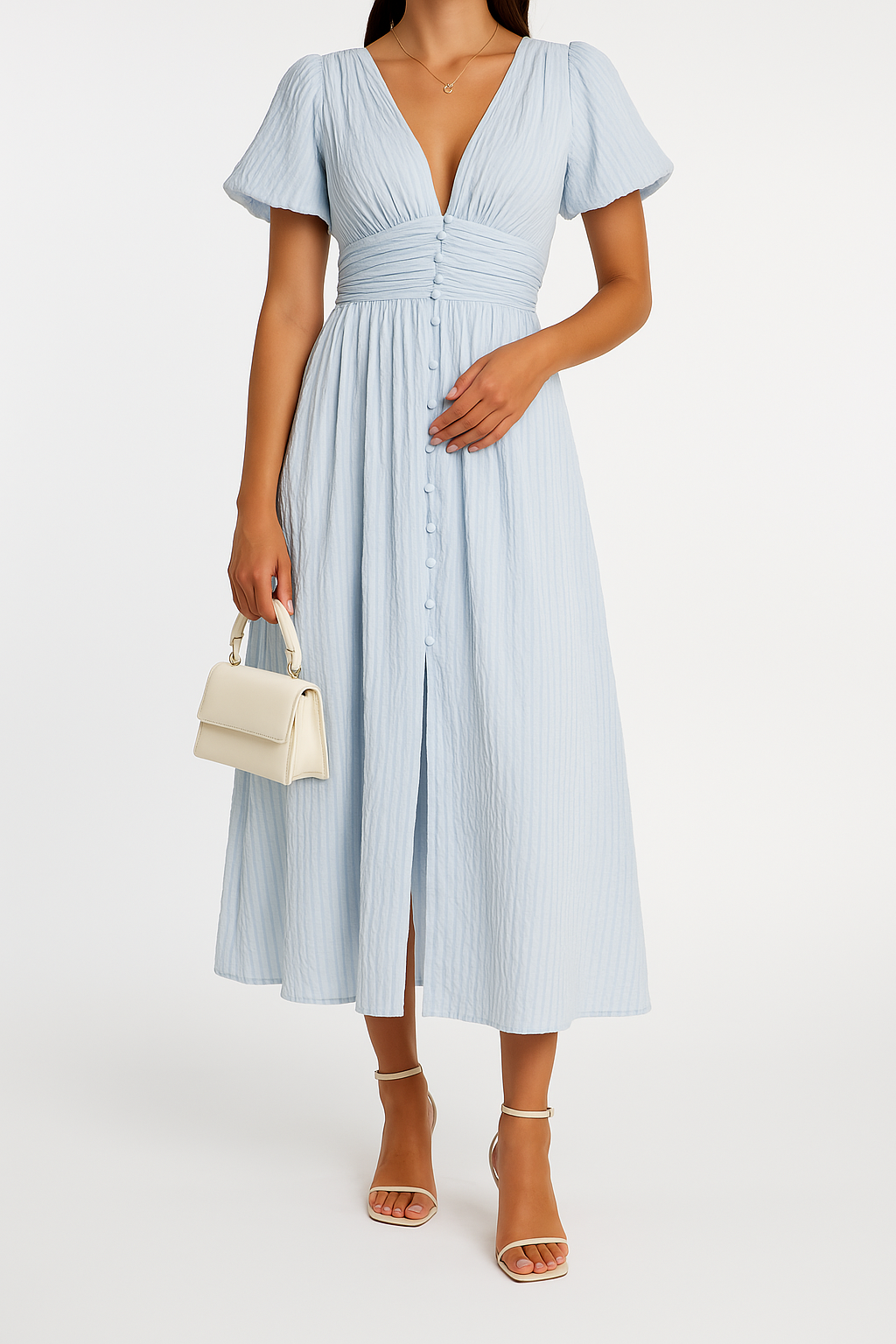 Margot | Women’s Checked V-Neck Maxi Dress with Puff Sleeves and Button-Down Front