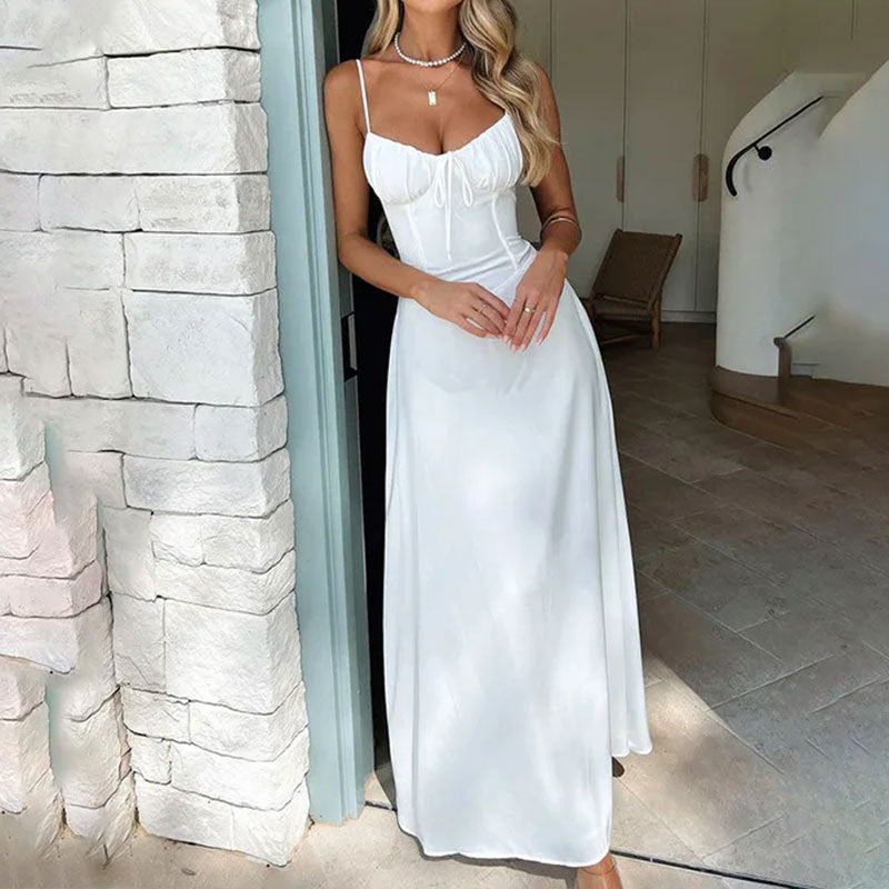 Scarlett | Women’s A-Line Satin Feel Maxi Dress with Ruched Bodice and Strappy Detail