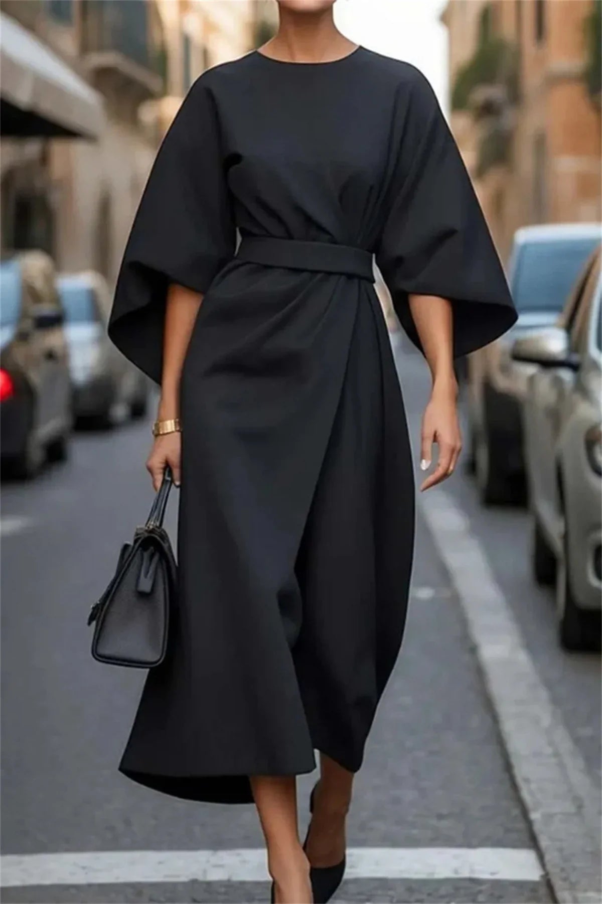 Elsie | Women’s Elegant Midi Dress with Belted Waist, Bell Sleeves, and A-Line Fit