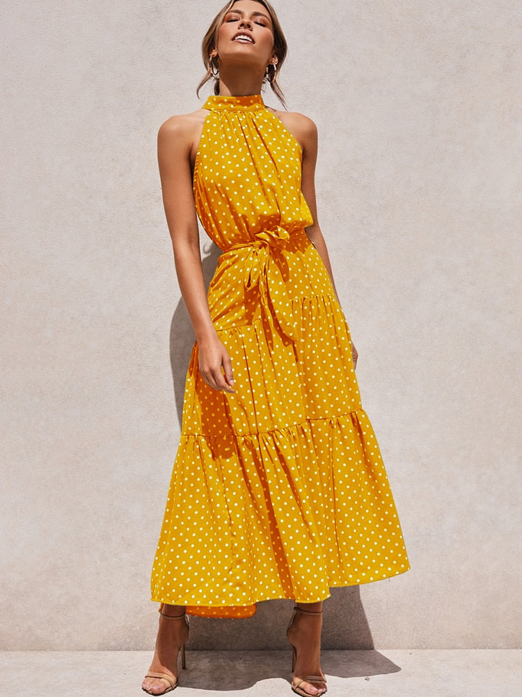 Margarette | Women’s Halter Midi Dress with Polka Dot Print and Waist Tie