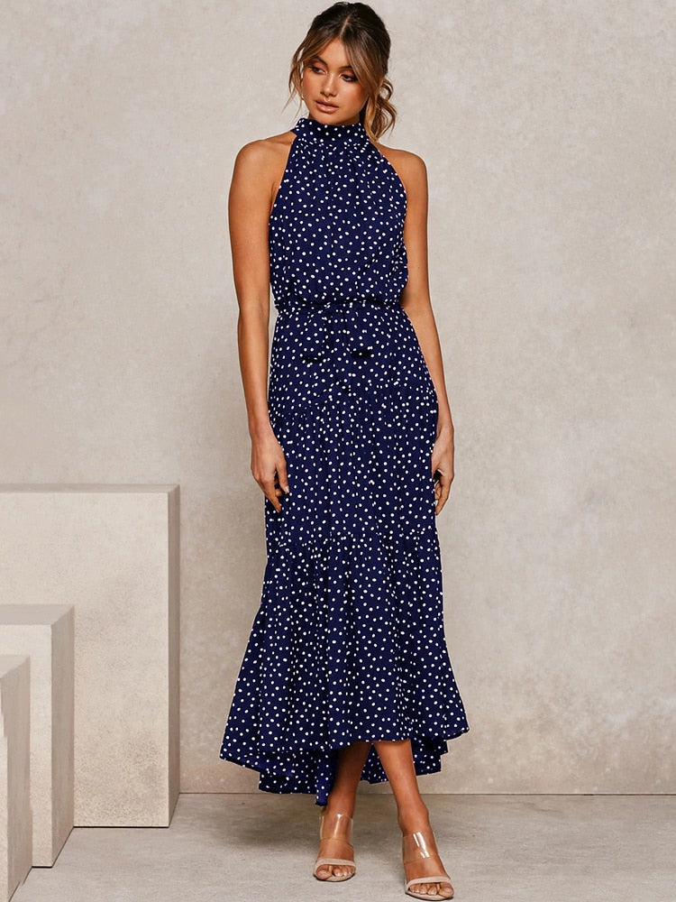 Margarette | Women’s Halter Midi Dress with Polka Dot Print and Waist Tie