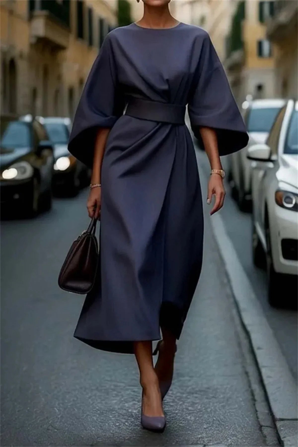Elsie | Women’s Elegant Midi Dress with Belted Waist, Bell Sleeves, and A-Line Fit