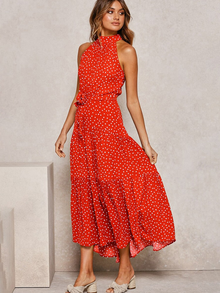 Margarette | Women’s Halter Midi Dress with Polka Dot Print and Waist Tie