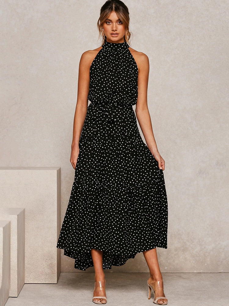Margarette | Women’s Halter Midi Dress with Polka Dot Print and Waist Tie