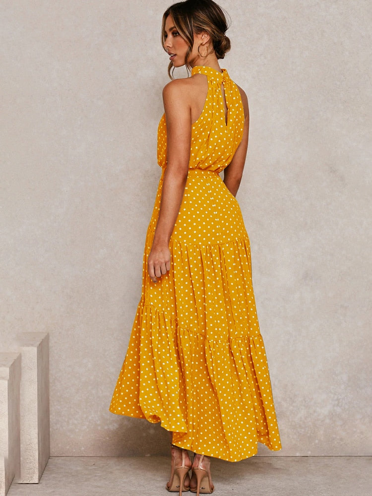 Margarette | Women’s Halter Midi Dress with Polka Dot Print and Waist Tie