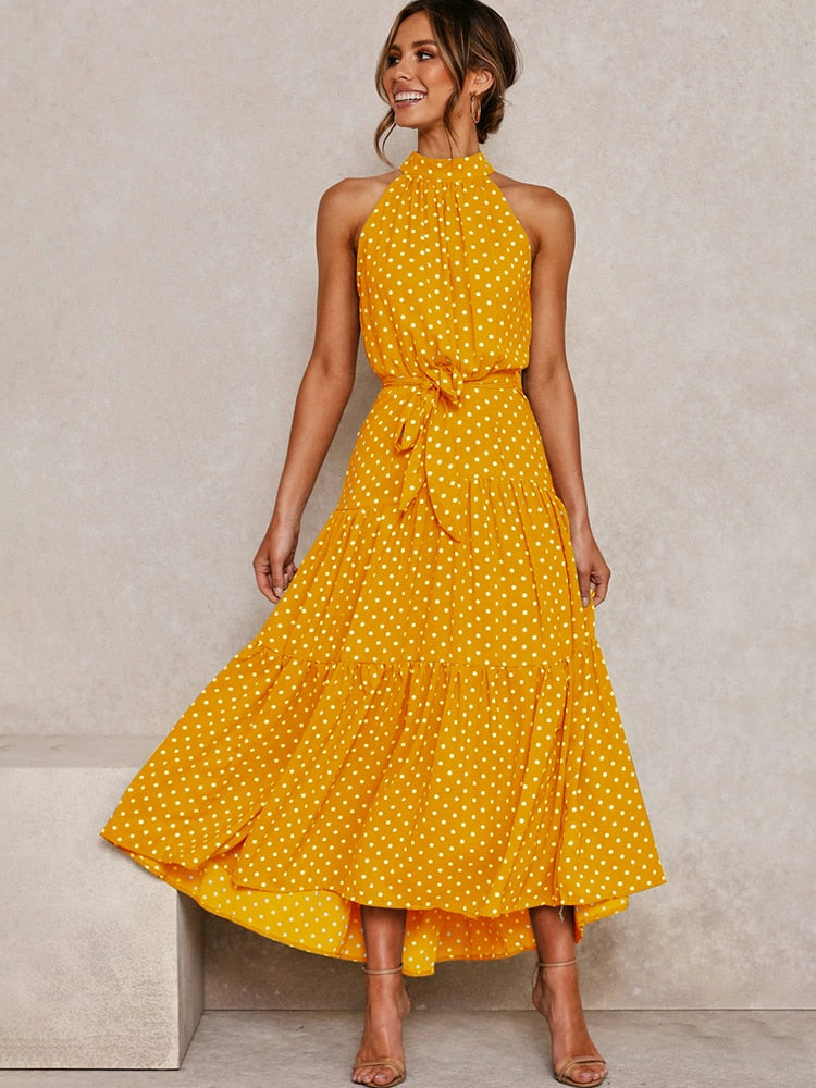 Margarette | Women’s Halter Midi Dress with Polka Dot Print and Waist Tie