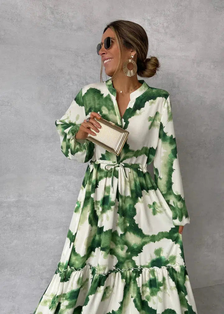 Frankie | Women’s Elegant V-Neck Maxi Dress with Flowy Silhouette and Long Sleeves