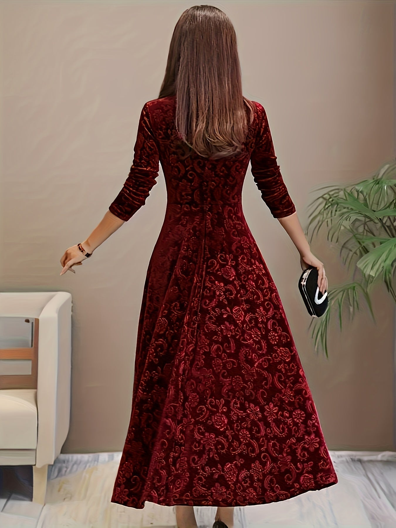 Ophelia | Women’s Floral Velvet Midi Dress with Square Neck & Elegant Long Sleeves