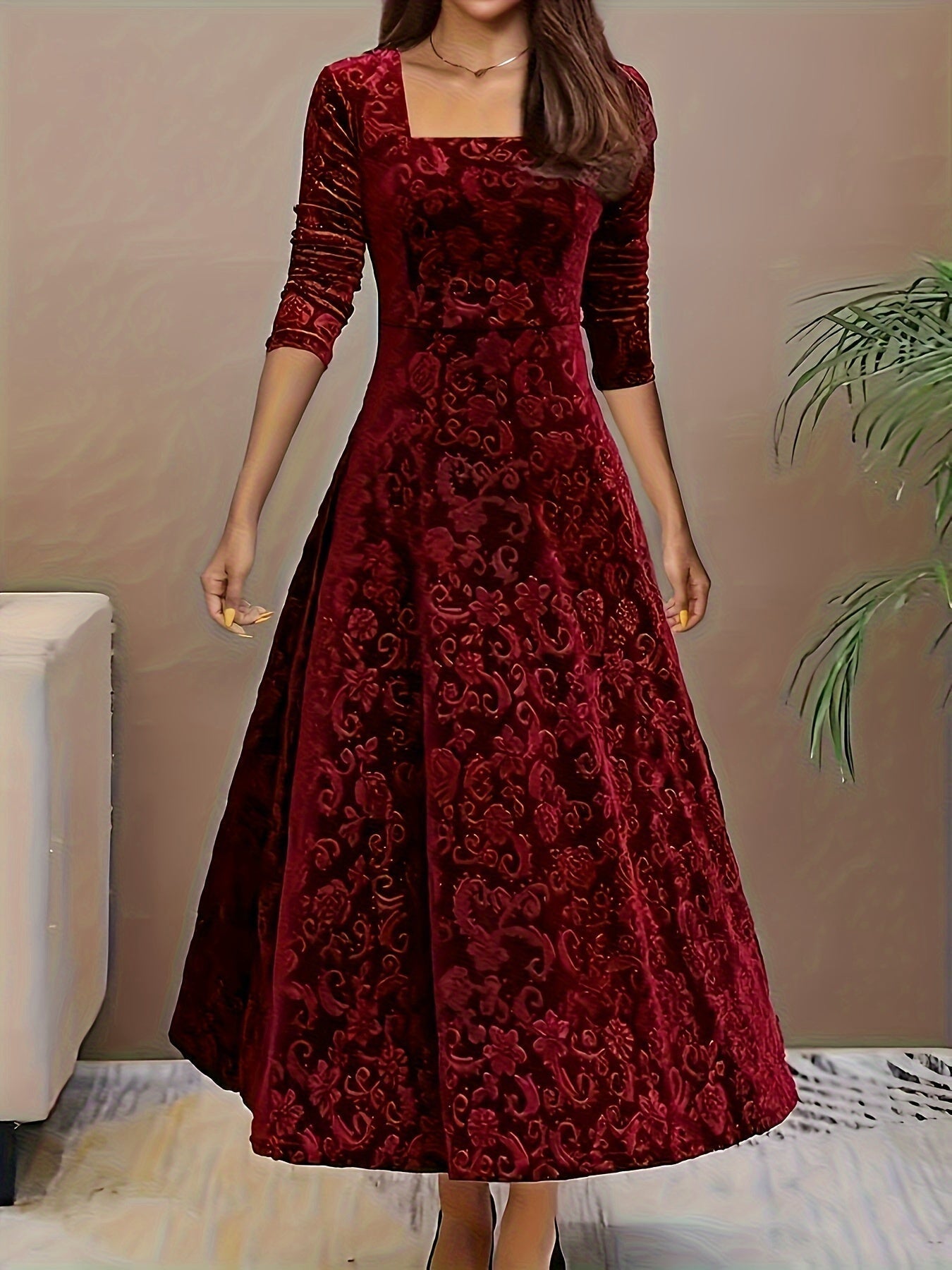 Ophelia | Women’s Floral Velvet Midi Dress with Square Neck & Elegant Long Sleeves