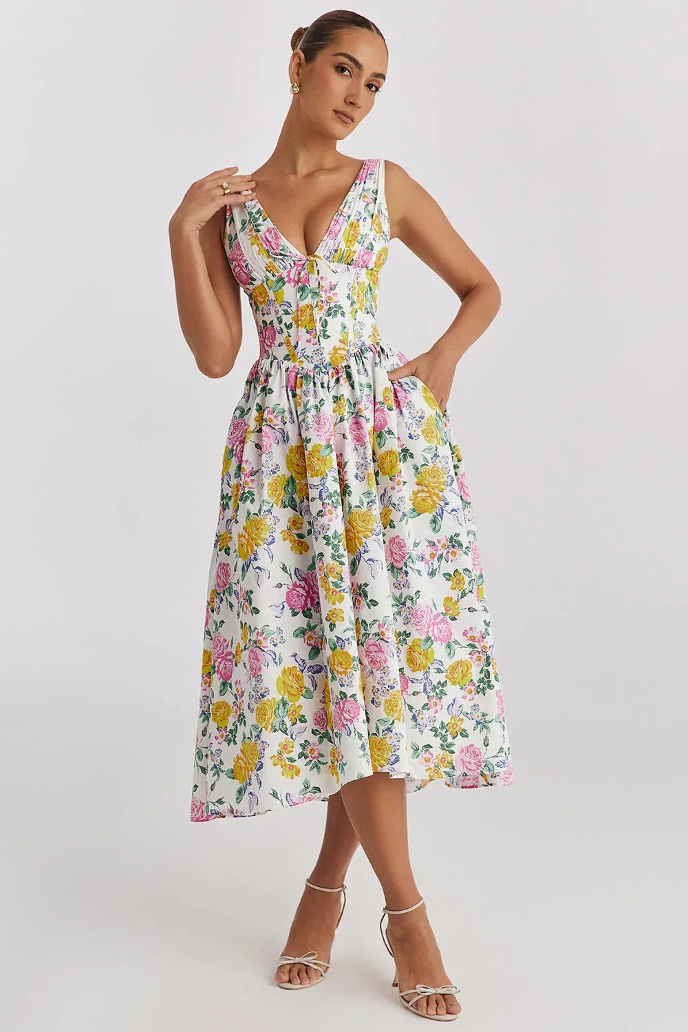 Diana | Women’s Floral Midi Dress with V-Neckline