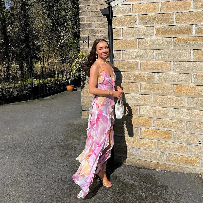 Alora | Women’s Sleeveless Ruffle Trim Floral Maxi Dress