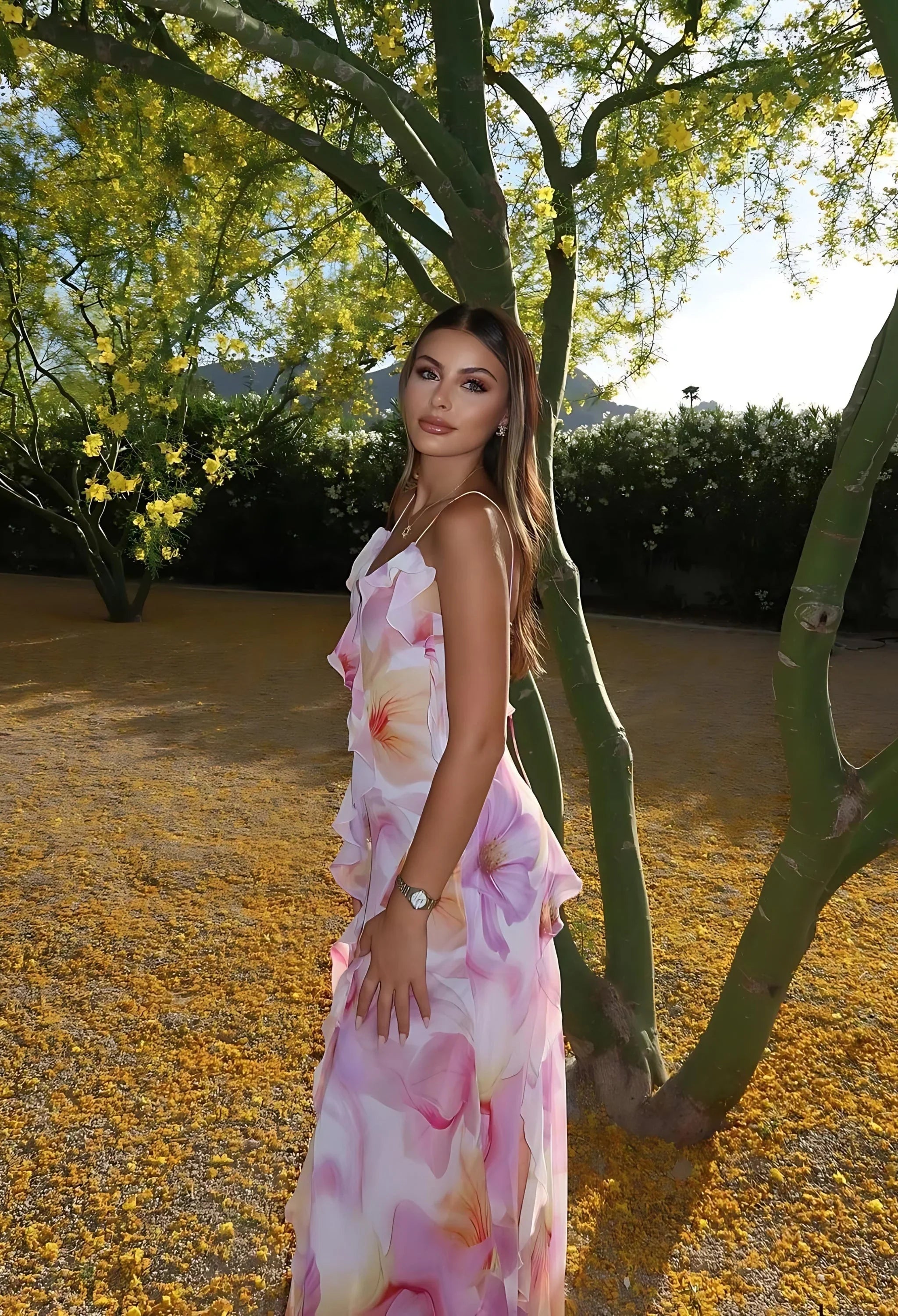 Alora | Women’s Sleeveless Ruffle Trim Floral Maxi Dress