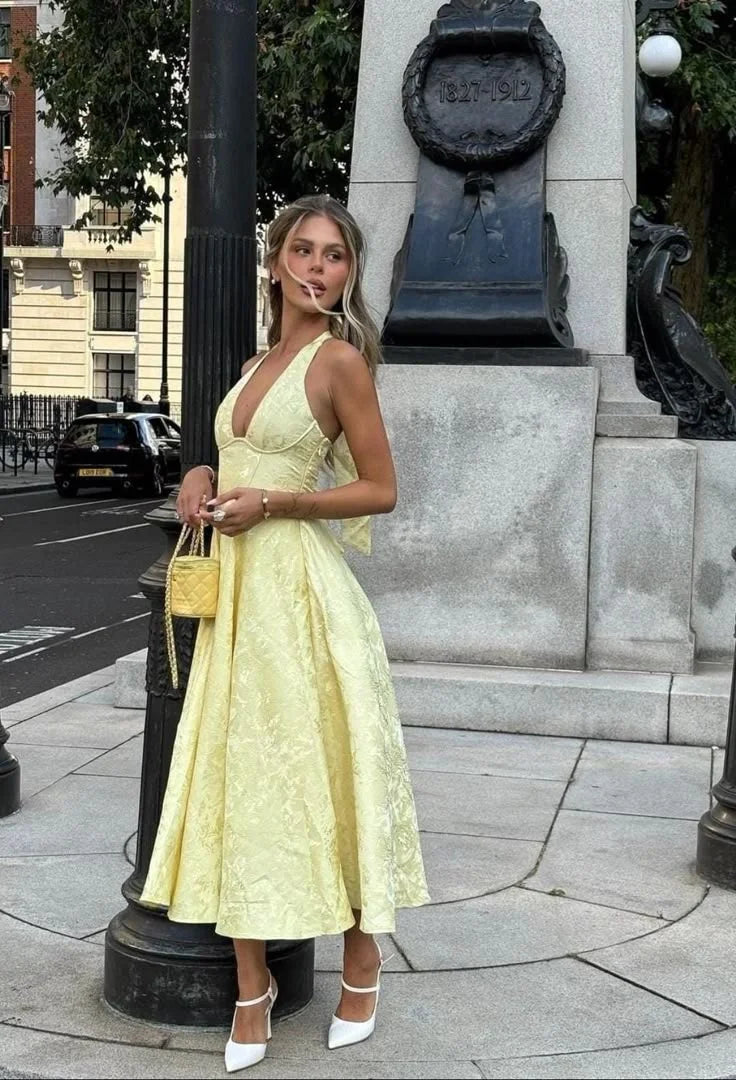 Alayna | Women’s Yellow Halter Dress with Pleated Skirt
