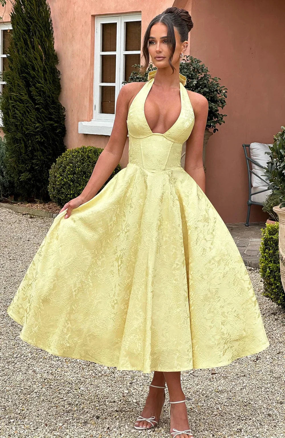 Alayna | Women’s Yellow Halter Dress with Pleated Skirt
