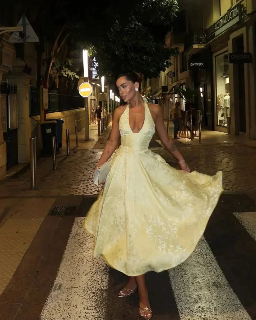 Alayna | Women’s Yellow Halter Dress with Pleated Skirt