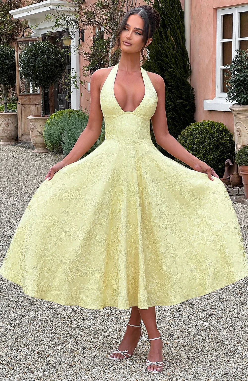 Alayna | Women’s Yellow Halter Dress with Pleated Skirt
