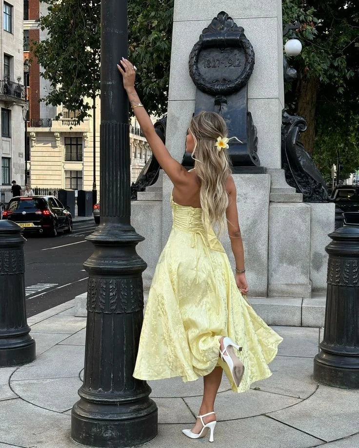 Alayna | Women’s Yellow Halter Dress with Pleated Skirt