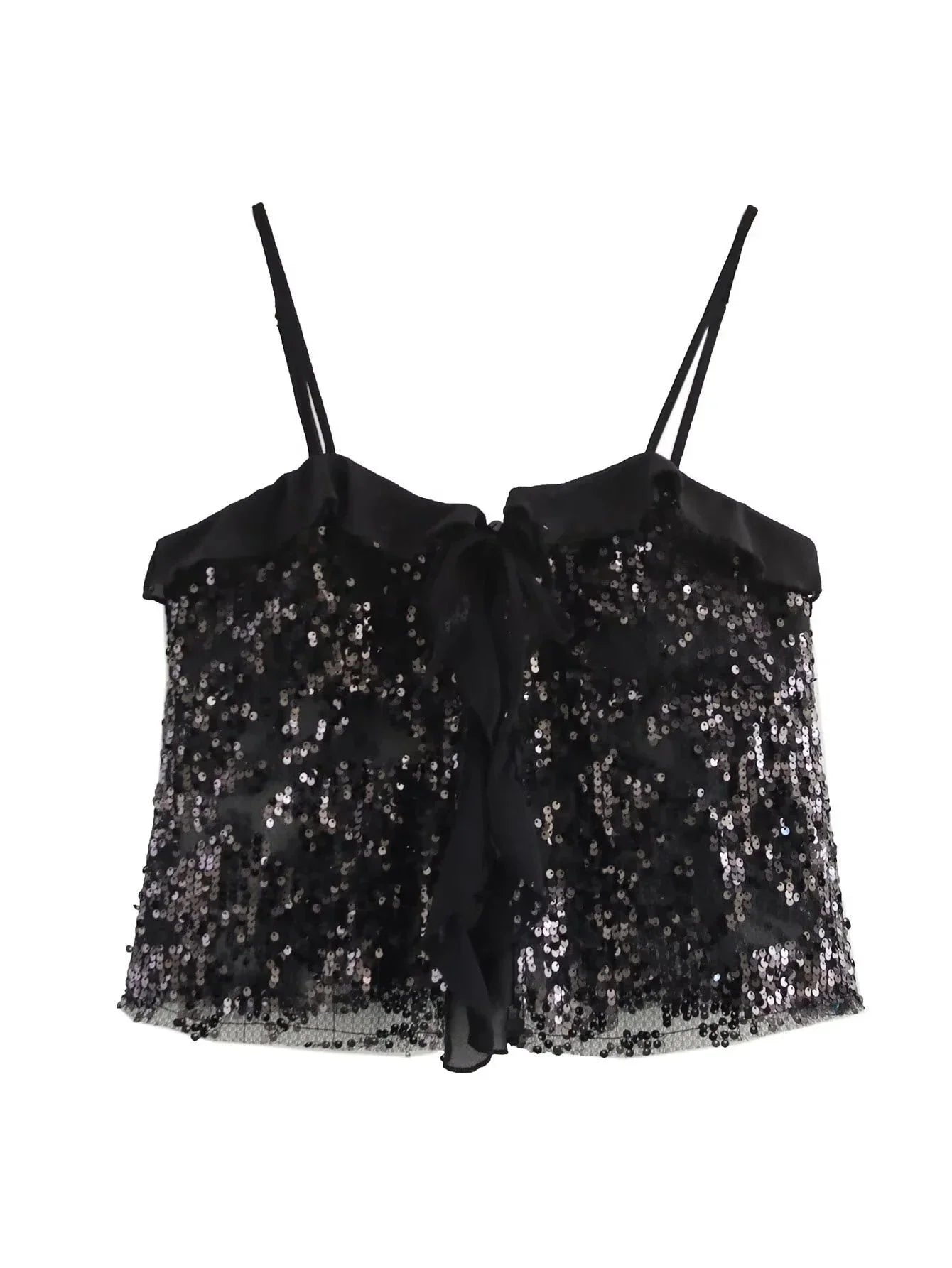 Catherine | Women’s Sequin Top with Sheer Ruffle Detail
