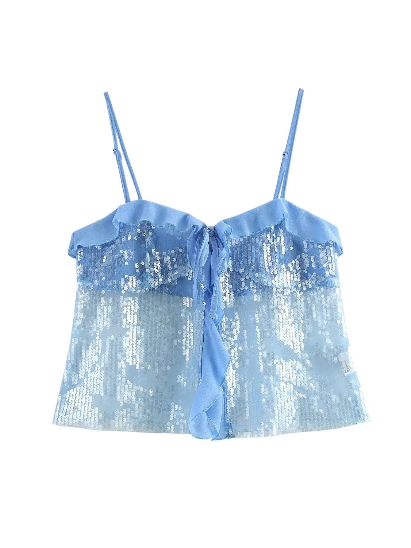 Catherine | Women’s Sequin Top with Sheer Ruffle Detail