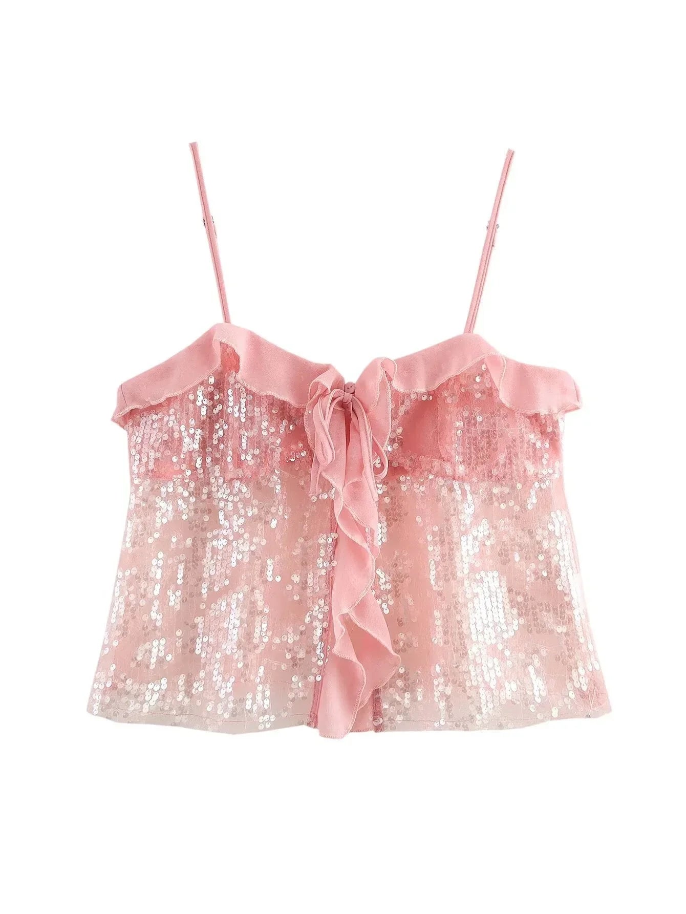 Catherine | Women’s Sequin Top with Sheer Ruffle Detail