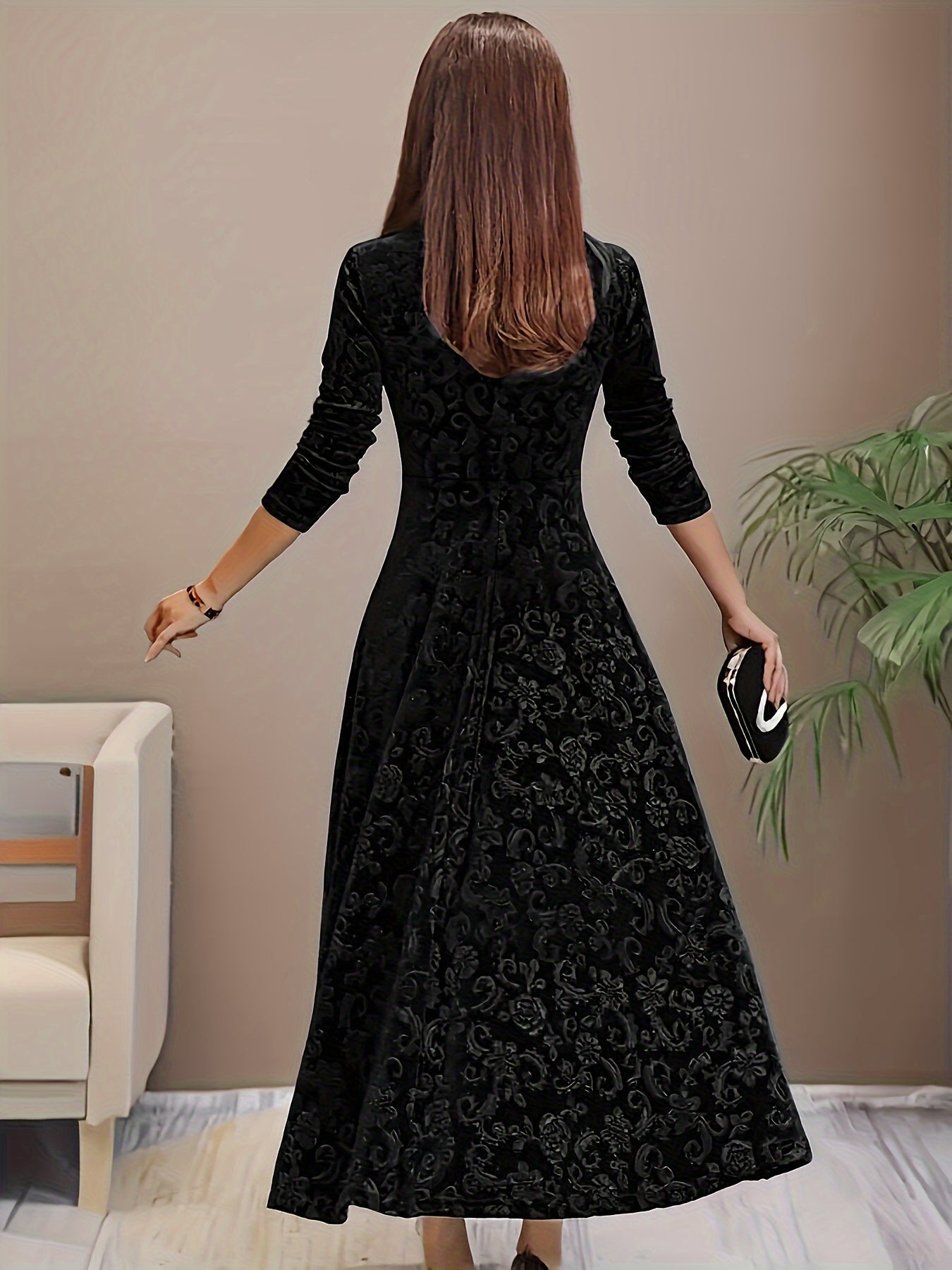 Ophelia | Women’s Floral Velvet Midi Dress with Square Neck & Elegant Long Sleeves