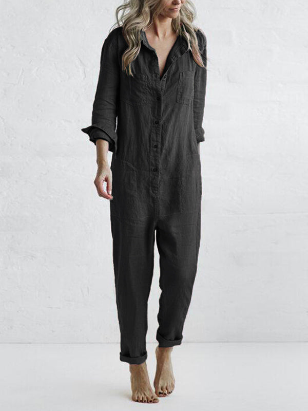 Sofia | Women’s Relaxed Fit Button-Down Jumpsuit with Roll-Tab Sleeves and Straight Leg