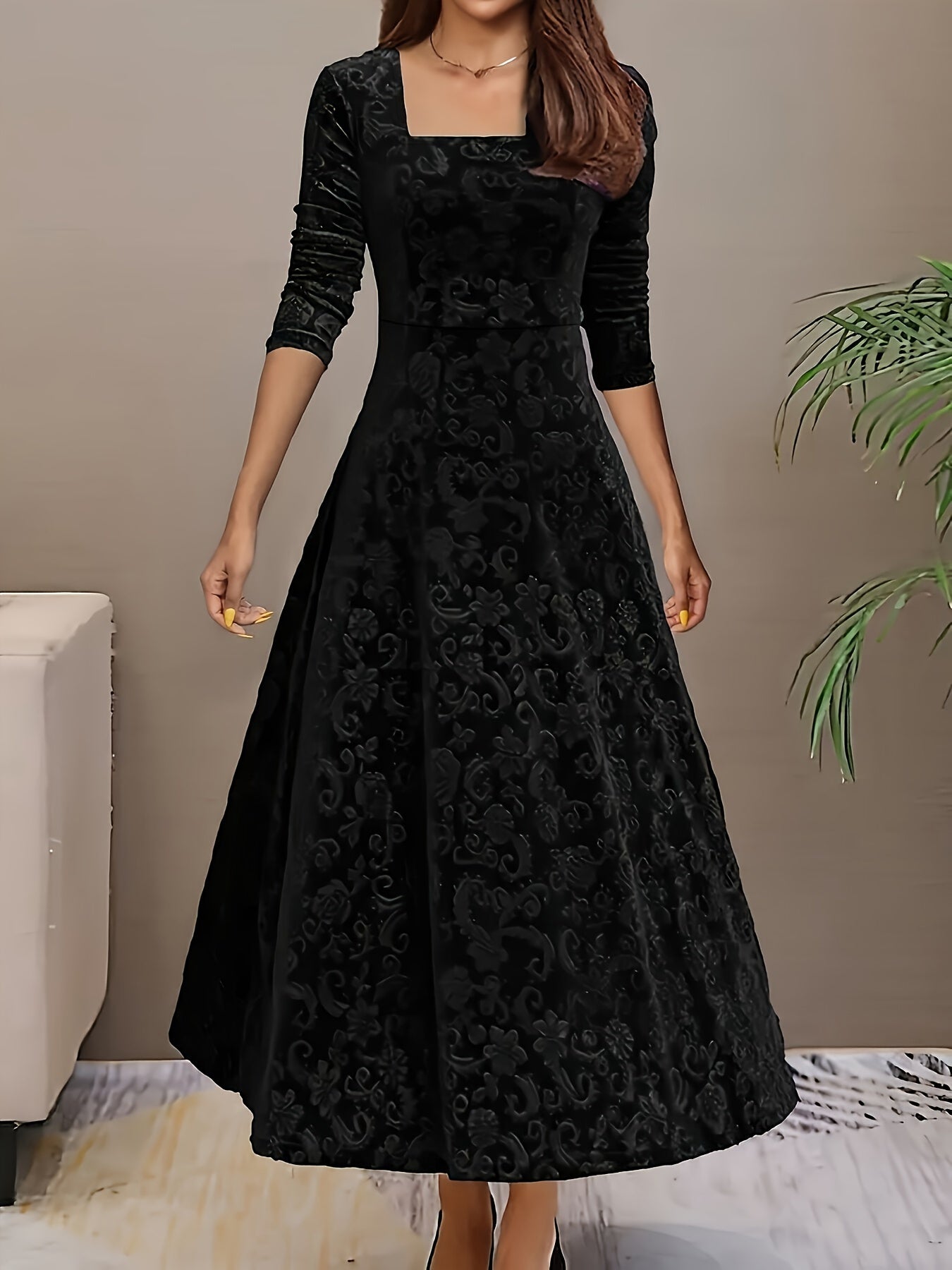 Ophelia | Women’s Floral Velvet Midi Dress with Square Neck & Elegant Long Sleeves