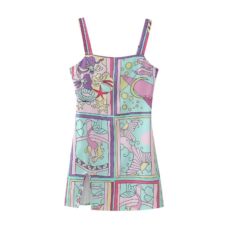 Hazel | Women’s Mermaid Print Mini Dress with Side Slit & Square Neckline