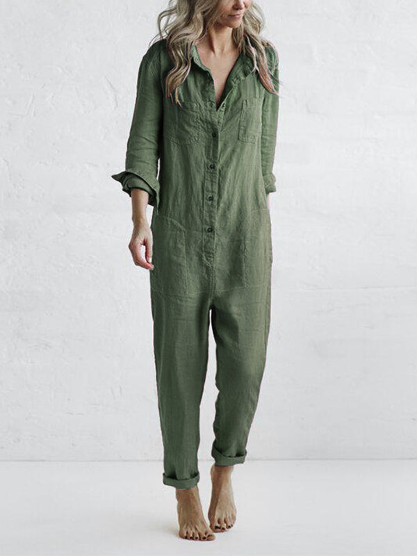 Sofia | Women’s Relaxed Fit Button-Down Jumpsuit with Roll-Tab Sleeves and Straight Leg