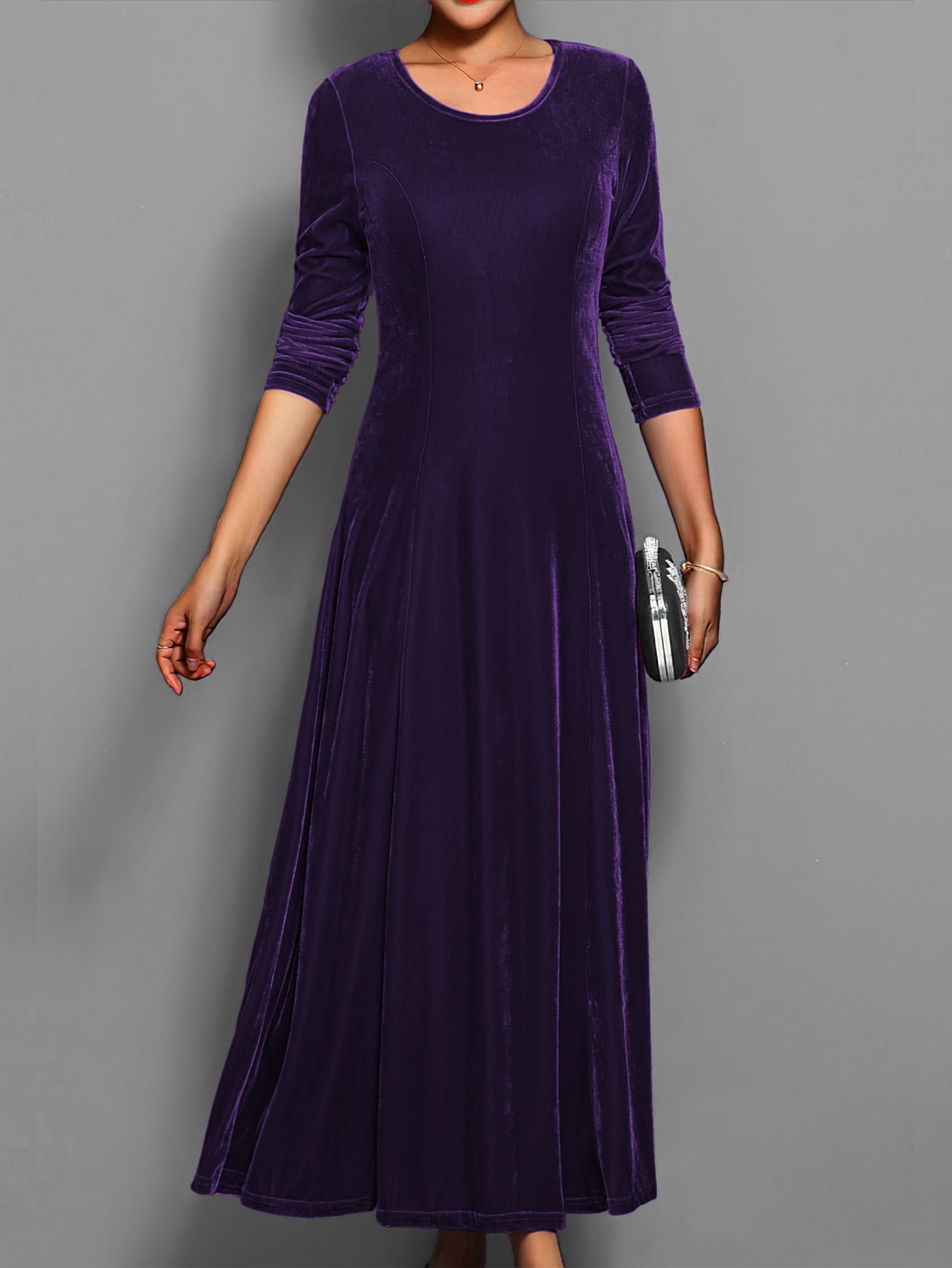 Sienna | Women’s Solid Midi Dress with Long Sleeves & Crew Neck