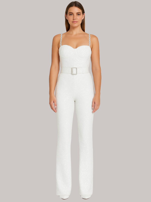 Camila | Women’s Strapless Glitter Jumpsuit with Waist Belt