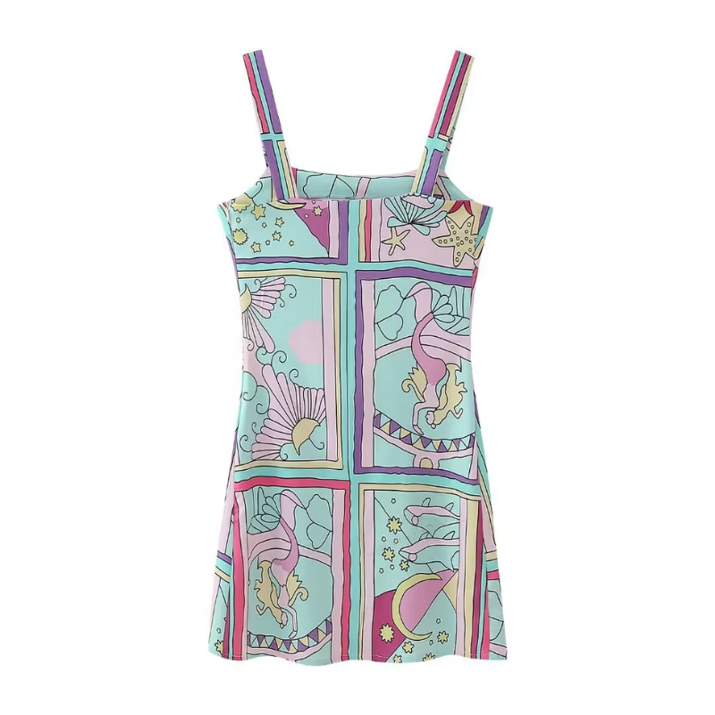 Hazel | Women’s Mermaid Print Mini Dress with Side Slit & Square Neckline