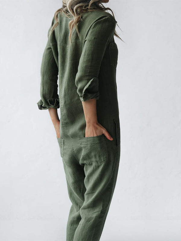 Sofia | Women’s Relaxed Fit Button-Down Jumpsuit with Roll-Tab Sleeves and Straight Leg
