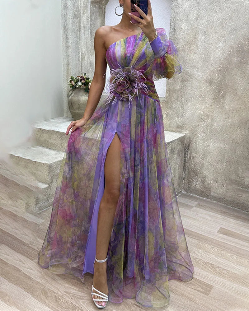 Ariella | Women’s One-Shoulder Evening Gown with Asymmetrical Sleeves