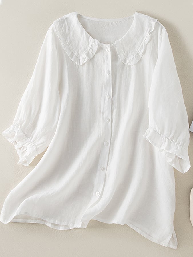 Margot | Women’s Cotton Linen Shirt with Peter Pan Ruffle Neck and Loose Fit
