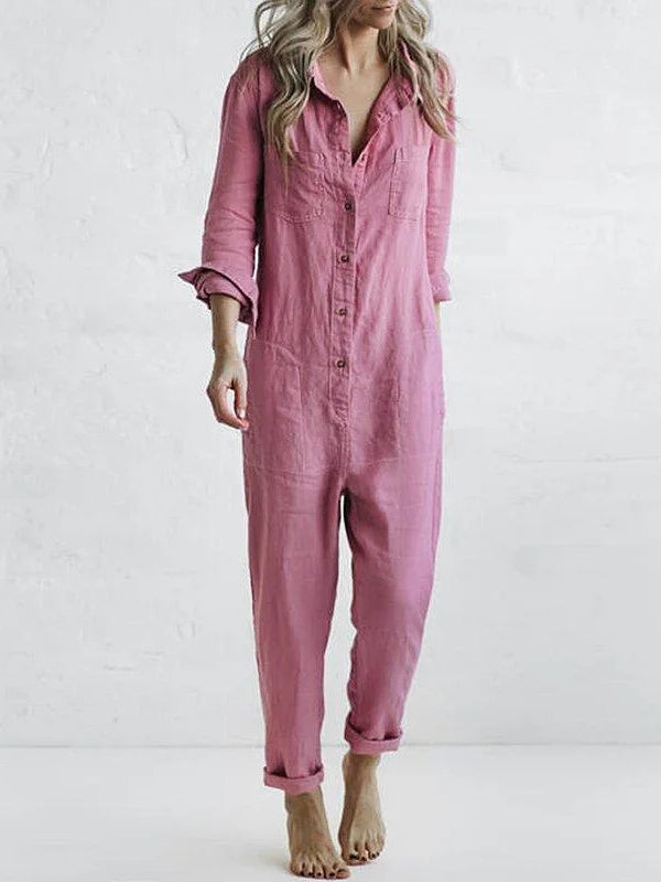 Sofia | Women’s Relaxed Fit Button-Down Jumpsuit with Roll-Tab Sleeves and Straight Leg