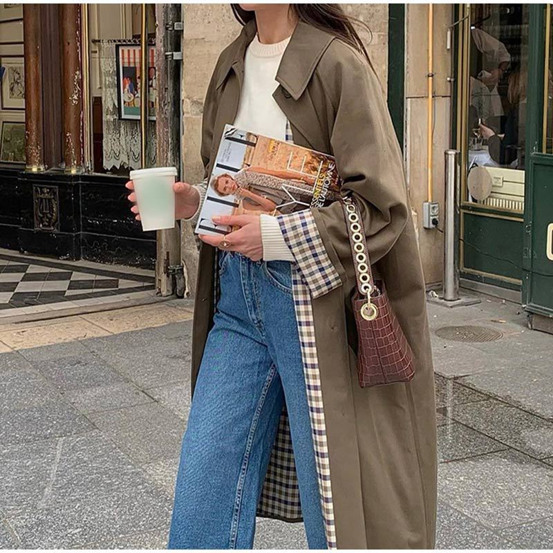 Clara | Women’s Elegant Long Trench Coat with Grid Lining