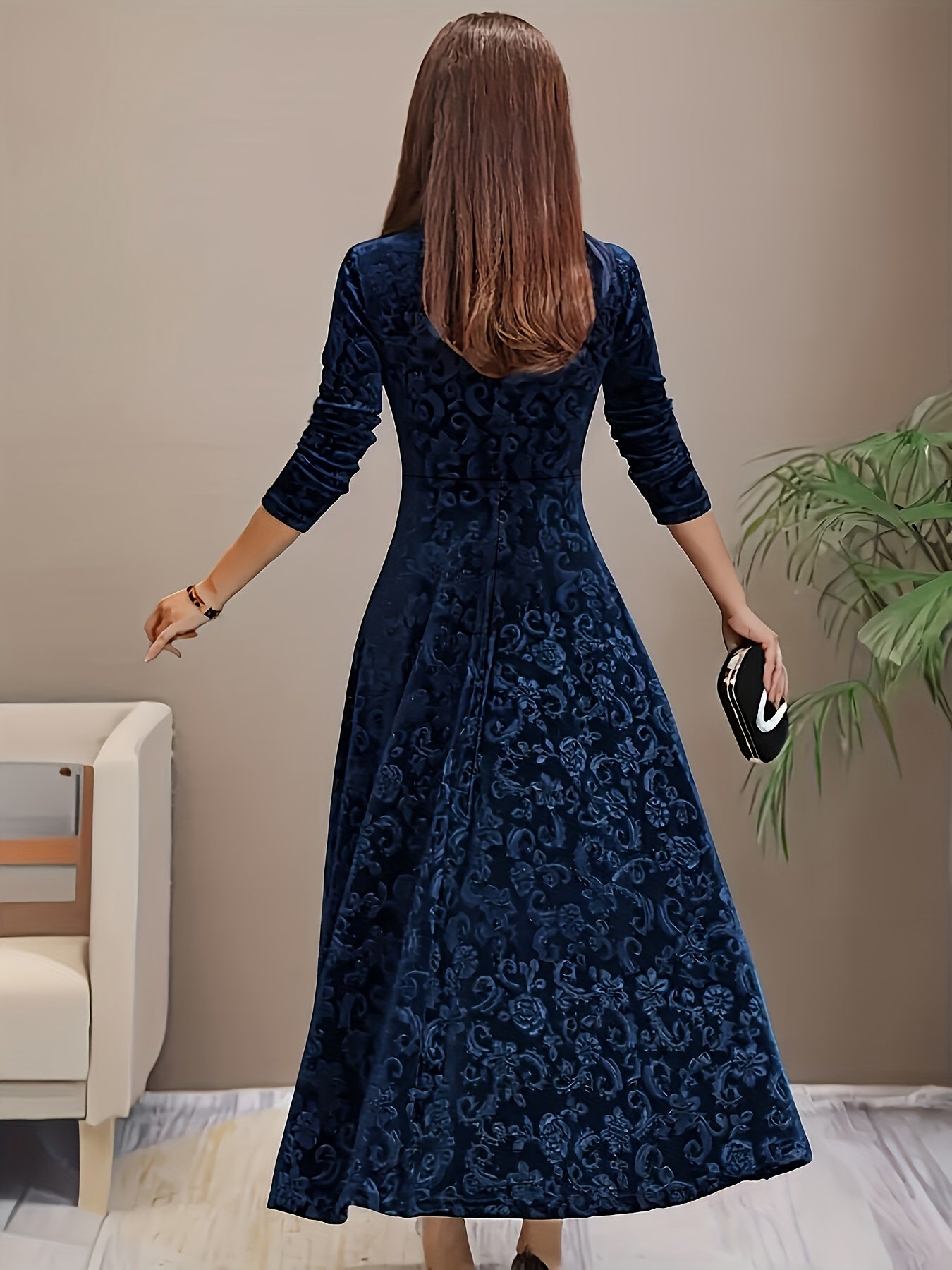 Ophelia | Women’s Floral Velvet Midi Dress with Square Neck & Elegant Long Sleeves