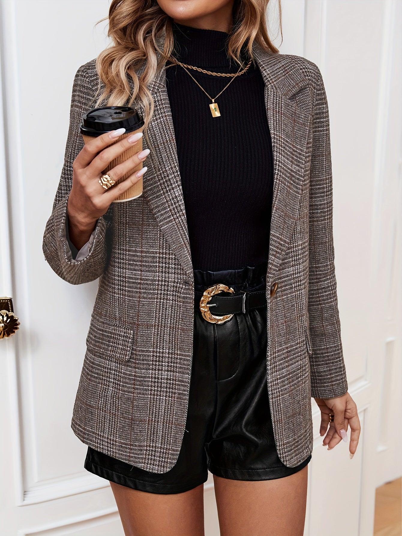 Danica | Women’s Elegant Long Business Blazer with Grid Pattern and Notched Lapel
