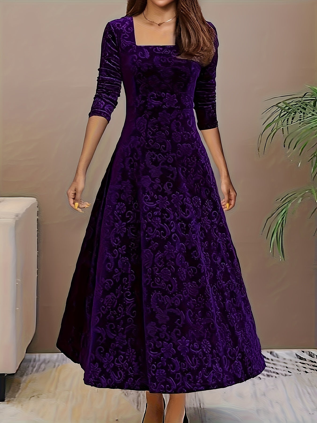 Ophelia | Women’s Floral Velvet Midi Dress with Square Neck & Elegant Long Sleeves