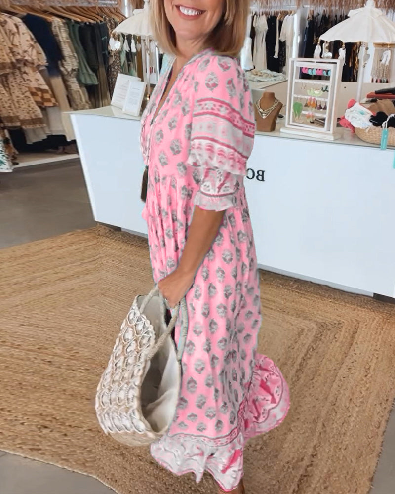 Matilda | Women’s Printed V-Neck Half-Sleeve Dress with Lightweight Comfort