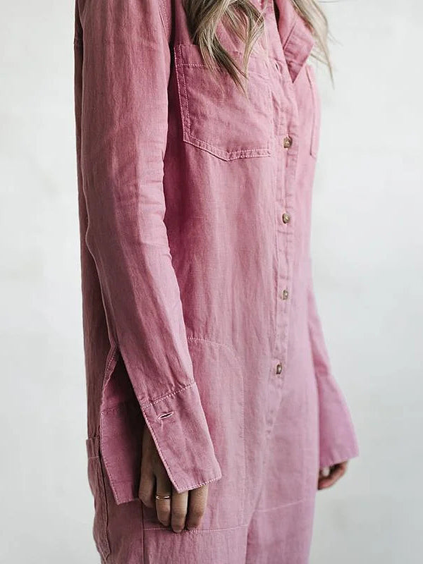 Sofia | Women’s Relaxed Fit Button-Down Jumpsuit with Roll-Tab Sleeves and Straight Leg